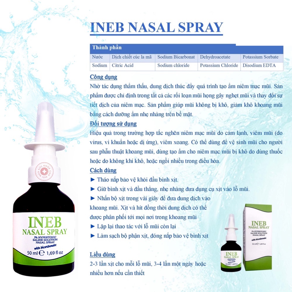 Ineb Nasal Spray. Xịt mũi giúp cân bằng dịch tiết ở mũi tăng cường vệ sinh khoang mũi làm sạch sâu thông thoáng