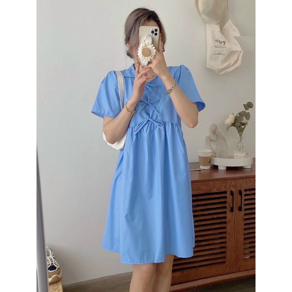 [RẺ VÔ ĐỊCH]  Váy Babydoll Xanh 3 Nơ - Váy cộc tay dáng xòe tiểu thư phong cách hàn quốc