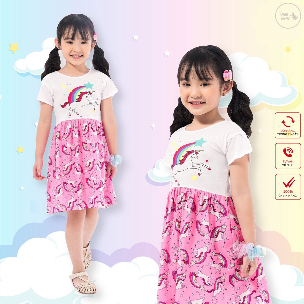 Đầm Cho Bé Gái Miss Meow Tới Size Đại . Váy Cotton Thun Trẻ Em In Ngựa Tay Xếp