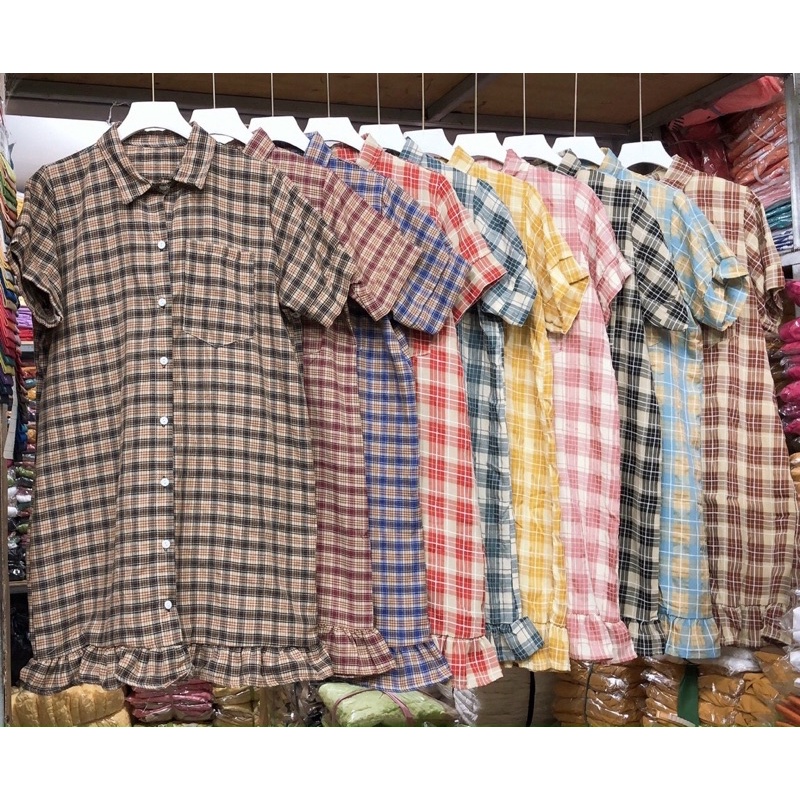 Đầm sơ mi caro tay con phối bèo dáng suông_hình thật.