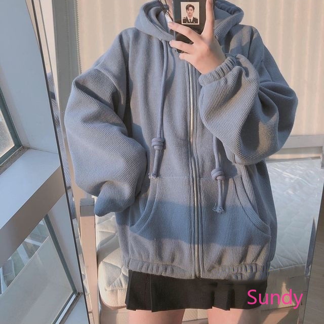 Áo khoác hoodie dáng rộng phối khóa kéo kiểu Hàn Quốc thời trang cho nữ