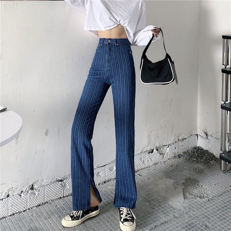 Quần jean IELGY ống suông lưng cao thiết kế xẻ lai họa tiết kẻ sọc phong cách Hàn Quốc thời trang cho nữ