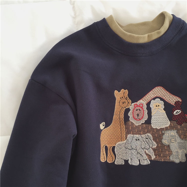 Áo hoodie cổ tròn dáng rộng thêu họa tiết hoạt hình xinh xắn theo phong cách retro hàn quốc dành cho nữ