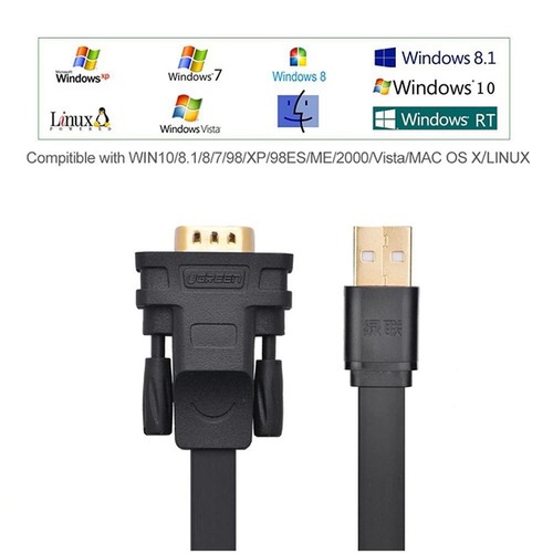 Cáp USB To Com (RS232) Dài 2M Ugreen 20218 (Cáp Dẹt) - Hàng Chính Hãng