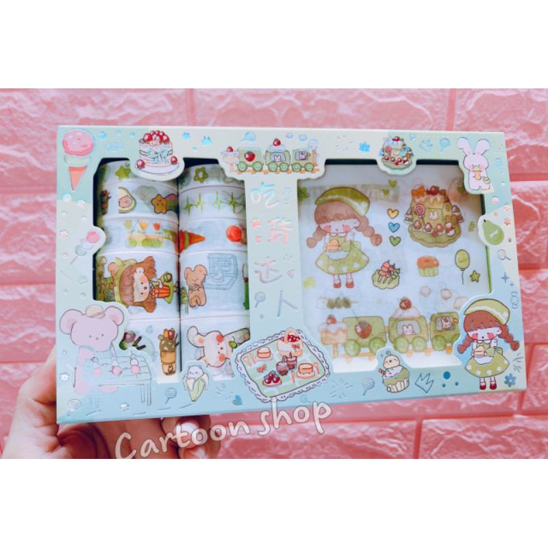 Hộp 10 băng keo washi tape và stickers trang trí