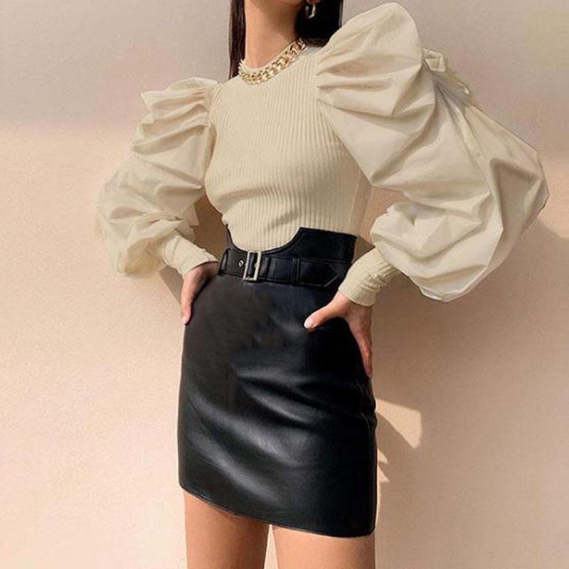 Áo dệt kim tay phồng dáng ôm thiết kế thanh lịch thời trang mùa xuân cho nữ