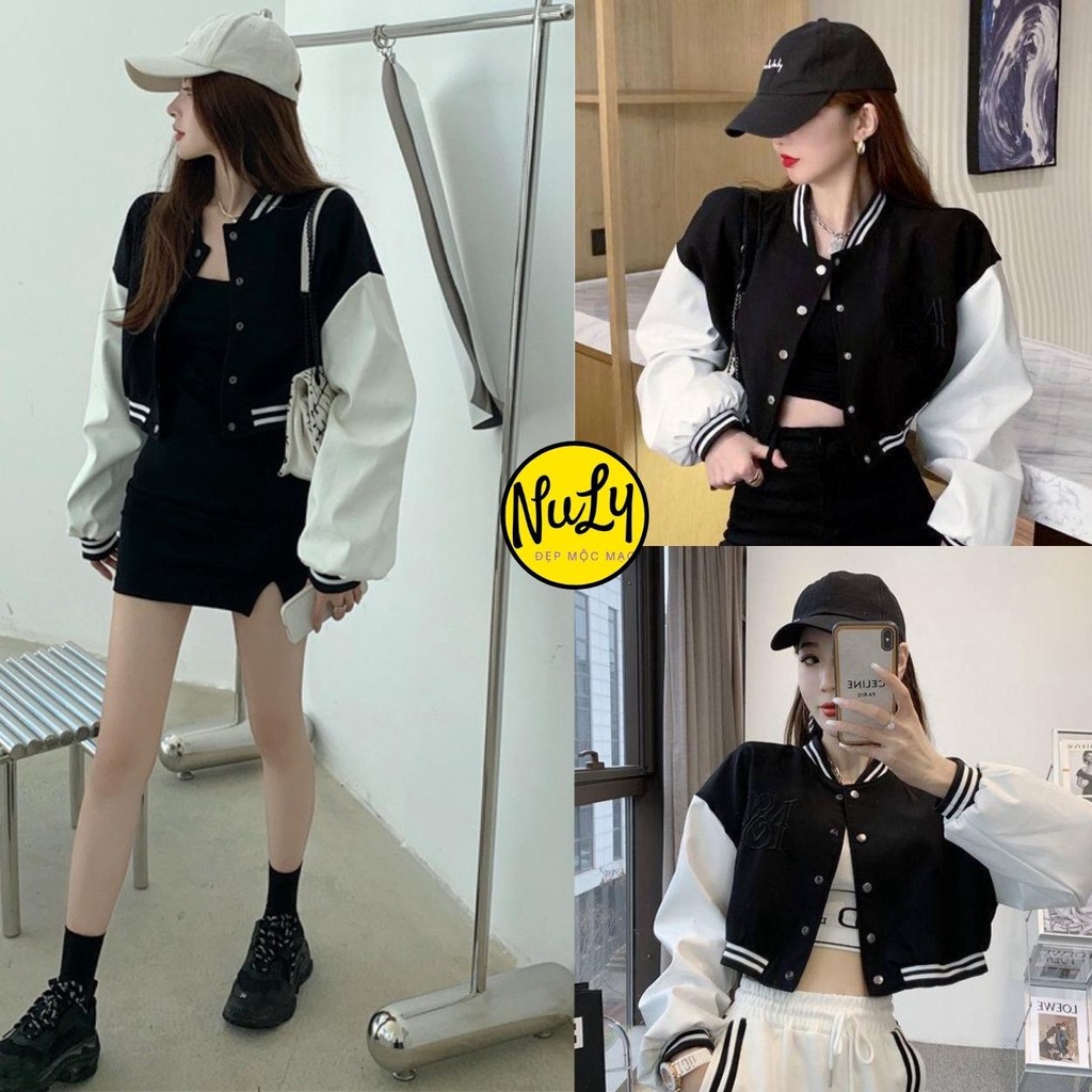 Áo khoác bomber croptop phong cách HÀn Quốc,áo khoác nỉ form rộng phối 2 màu đen trắng dễ mix đồ cực xinh NULY