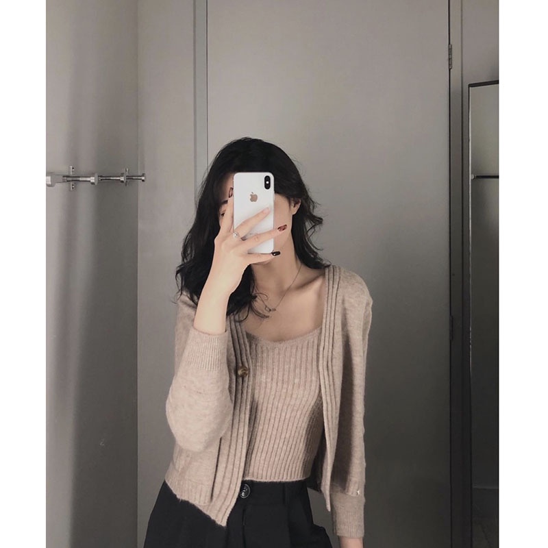 Sét Áo 2 Dây Kèm Áo Cardigan Len Hàng Quảng Châu M1072-Violet