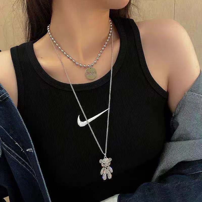 Dây chuyền đôi mặt hình con gấu đính đá kim cương dây bằng thép không gỉ phong cách Hiphop