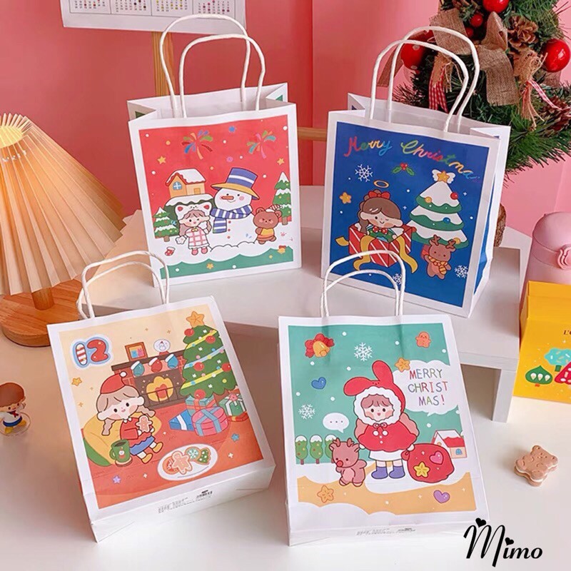 [MẪU MỚI] Túi đựng quà giấy in hình họa tiết Merry Christmas  4 màu lựa chọn họa tiết cô gái, người tuyết...