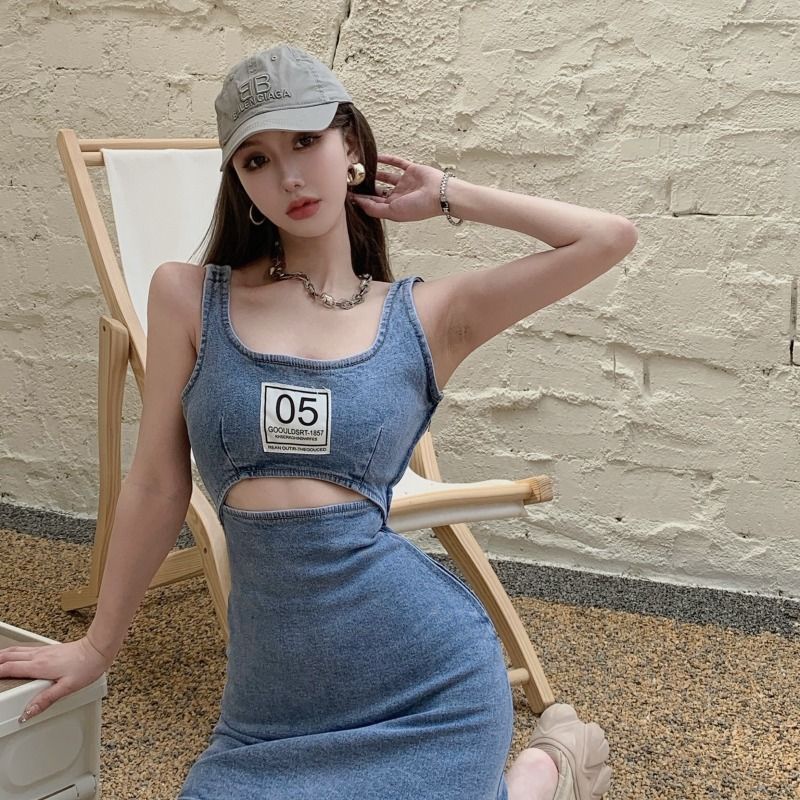 Heart machine hollowed-out denim vest dress 2022 new slim and thin spicy girl a-shaped dress