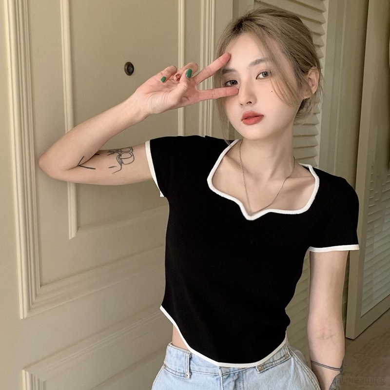 Áo Thun Croptop Cổ Vuông Màu Sắc Tương Phản Phong Cách Hàn Quốc Cho Nữ