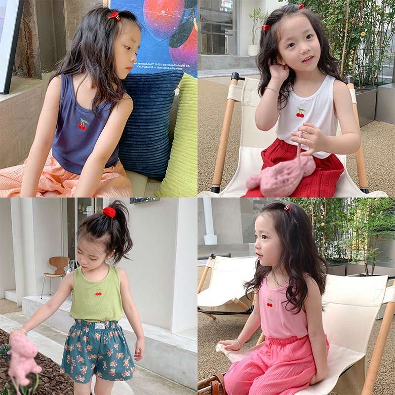 Áo Thun Không Tay Cổ Tròn Thêu Hình Quả Cherry Dễ Thương Dành Cho Bé Gái 3-8T