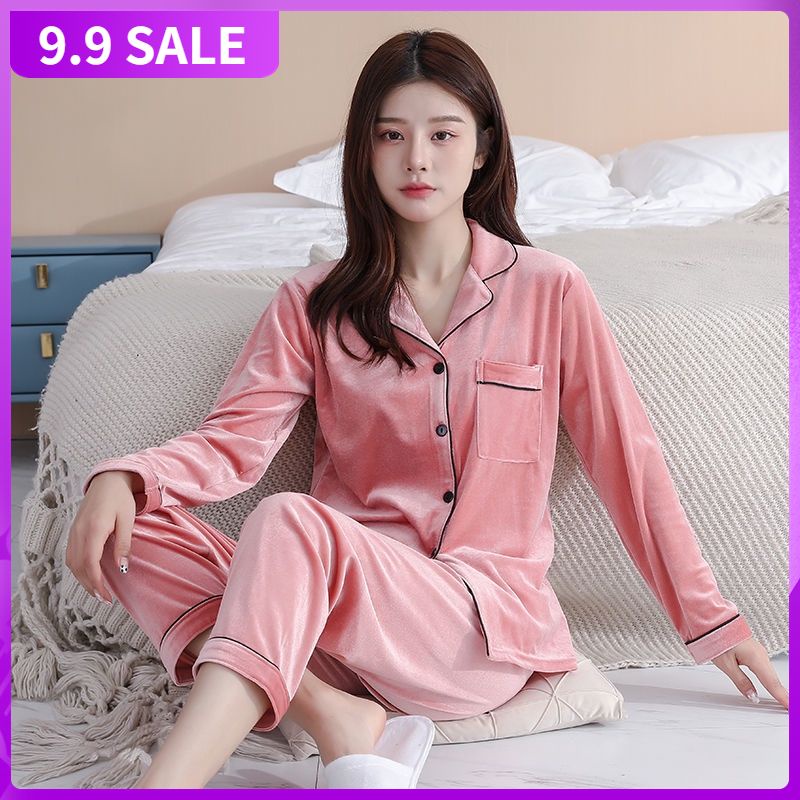 Bộ đồ ngủ tay dài vải nhung vàng đồng cao cấp thời trang xuân thu nữ tính cho nữ mặc ở nhà