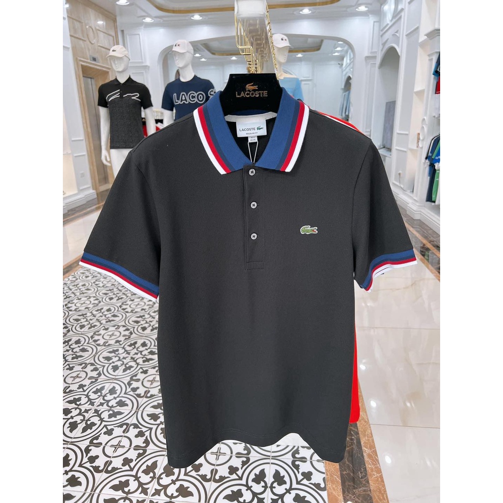 Polo Lacoste viền kẻ đỏ xanh trắng