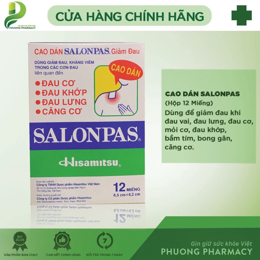 Cao dán Salonpas giảm đau nhanh chóng các triệu chứng đau khớp, đau cơ, đau lưng, căng cơ, bong gân hộp 12 miếng