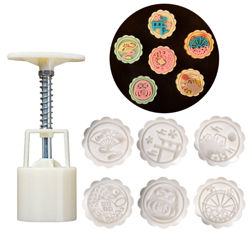 Khuôn nhựa làm bánh trung thu gồm 1 pít tông với 6 khuôn ấn