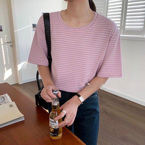 Áo phông kẻ 2t unisex áo phông rộng chất cotton mềm mịn tay lỡ áo thun kẻ basic nhiều màu P17 | BigBuy360 - bigbuy360.vn