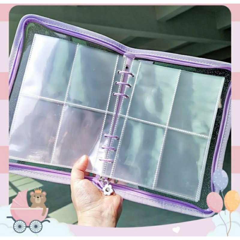 Binder A5, bìa sổ còng kim tuyến có khoá kéo decor sổ tay, đựng card