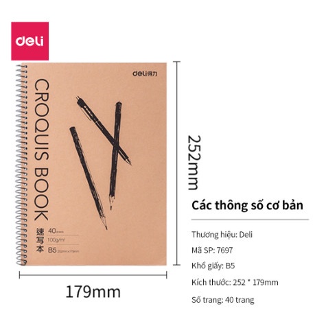 Sổ tay vẽ chì phác thảo Deli 80 trang 100gsm  khổ ngang A4/B5 gáy lò xo dùng cho mỹ thuật phác họa 7696 /7697