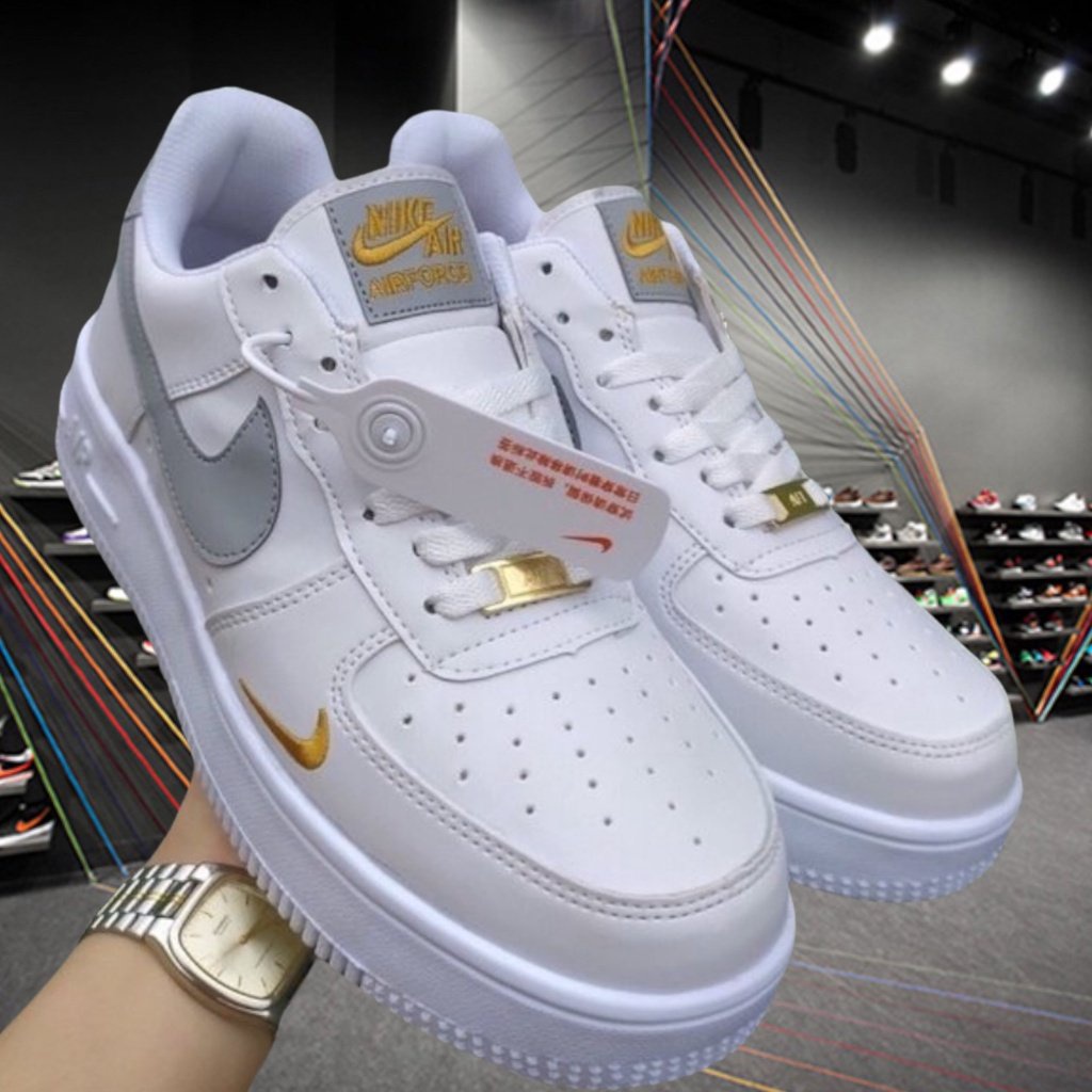Giày thể thao air force 1 _nike vệt xám logo thêu vàng , Giày sneaker AF1 vệt xám nữ nam Full Box Bill