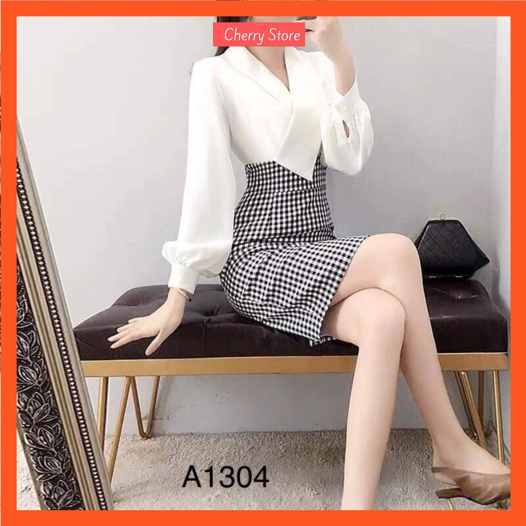 Đầm kẻ và áo sơ mi tay phồng - váy thiết kế kẻ caro và áo sơ mi tay phồng - A1304