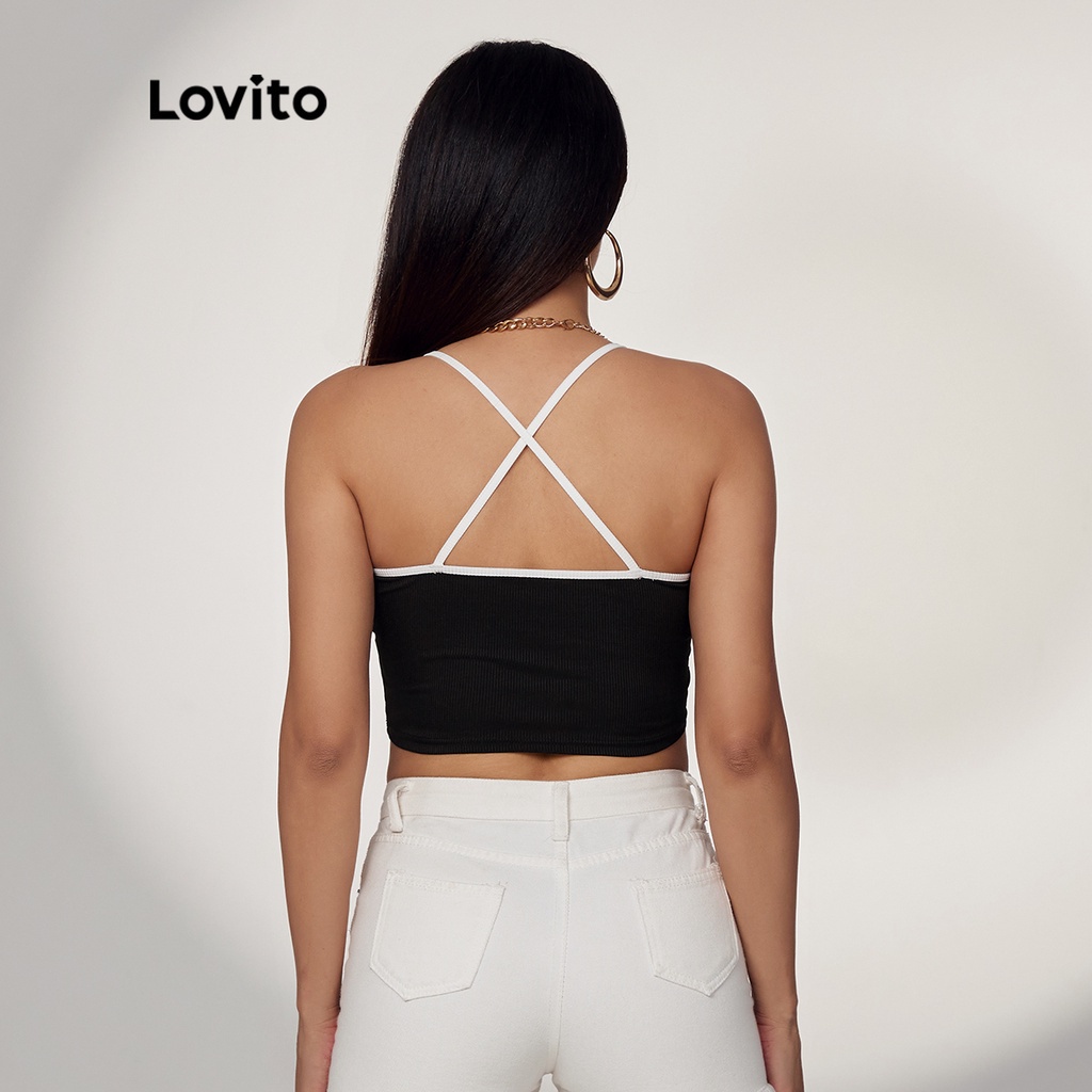 Áo yếm lửng Lovito cột dây sau lưng phối viền tương phản màu trơn thường ngày L17D127 (Màu đen)
