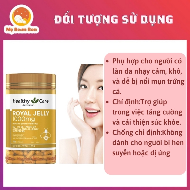 Sữa ong chúa Healthy Care Royal Jelly 1000 365 viên cung cấp nhiều vitamin cho cơ thể hỗ trợ làm đẹp da làm chậm lão hoá