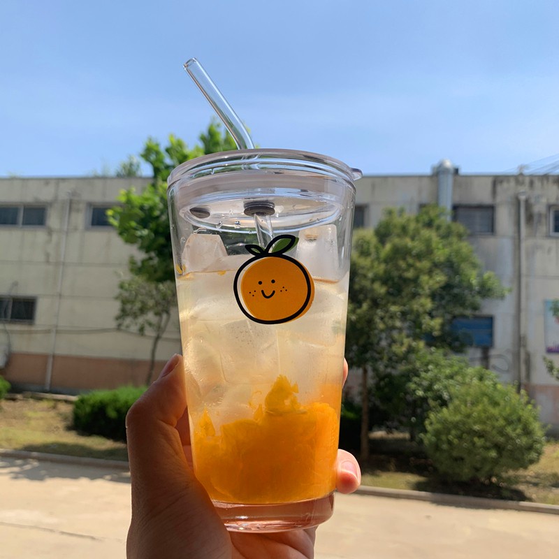 Ohaya Bộ Năm Cốc Thủy Tinh Mềm Cách Nhiệt In Chữ Màu Cam Đám Mây Phong Cách Hàn Quốc