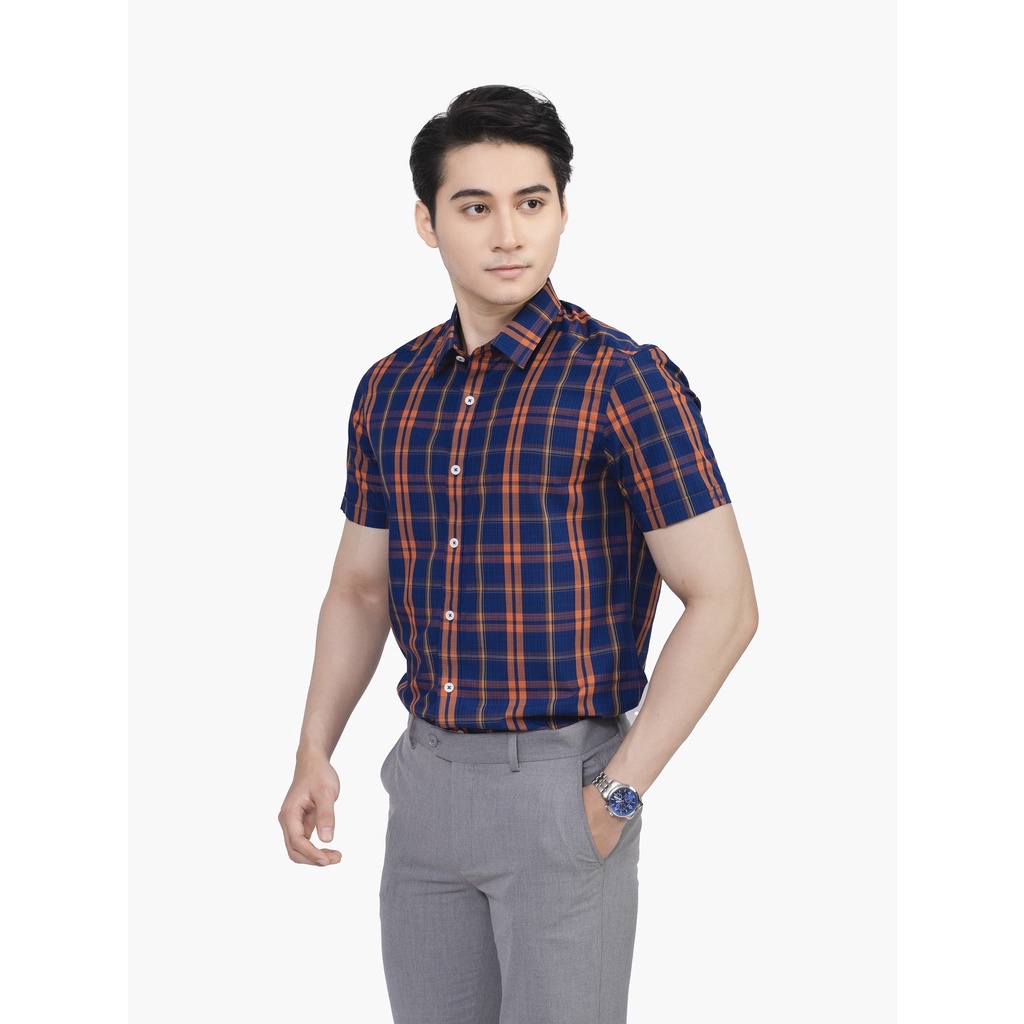 Áo Sơ Mi Nam Ngắn Tay ARISTINO ASS255S2 Somi Công Sở Cao Cấp Màu Xanh Kẻ Cam Vải Sợi Sồi Mềm Mát Dáng Ôm Không Túi
