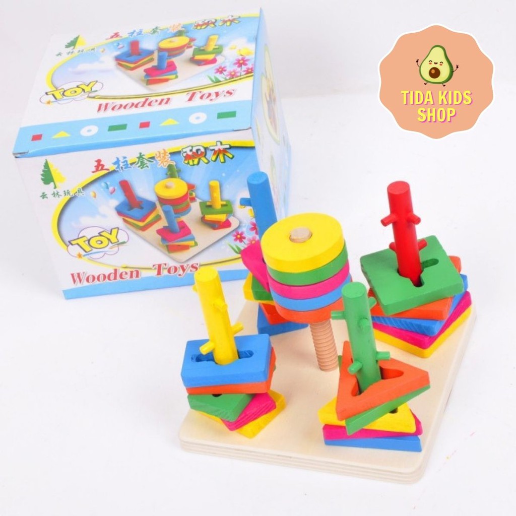 Đồ Chơi Gỗ TIDA KIDS SHOP,  Đồ Chơi Luồn Cọc Thả Hình 5 Trụ Cột Khối Gỗ Ziczac Cho Bé Giá Tốt