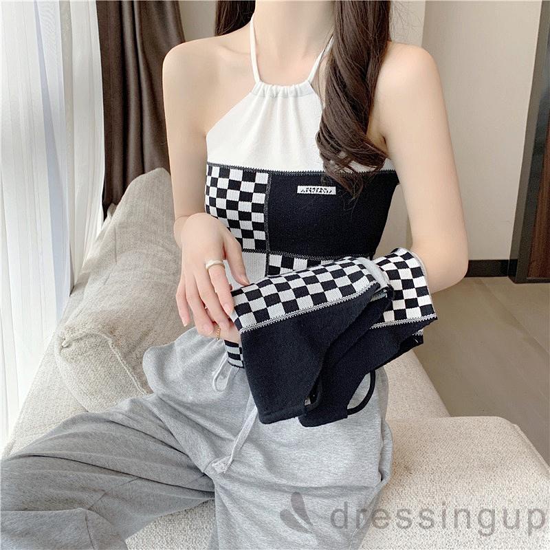 Áo Tank Top Hở Lưng Phối Họa Tiết Caro Thời Trang Cho Nữ