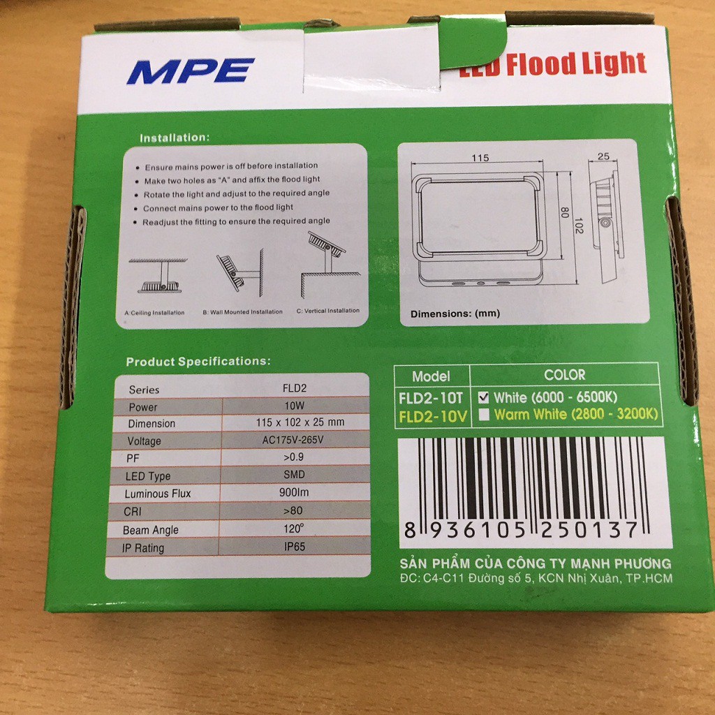 ĐÈN PHA LED 10W MPE CHỐNG NƯỚC IP65 MODEL:FLD2-10