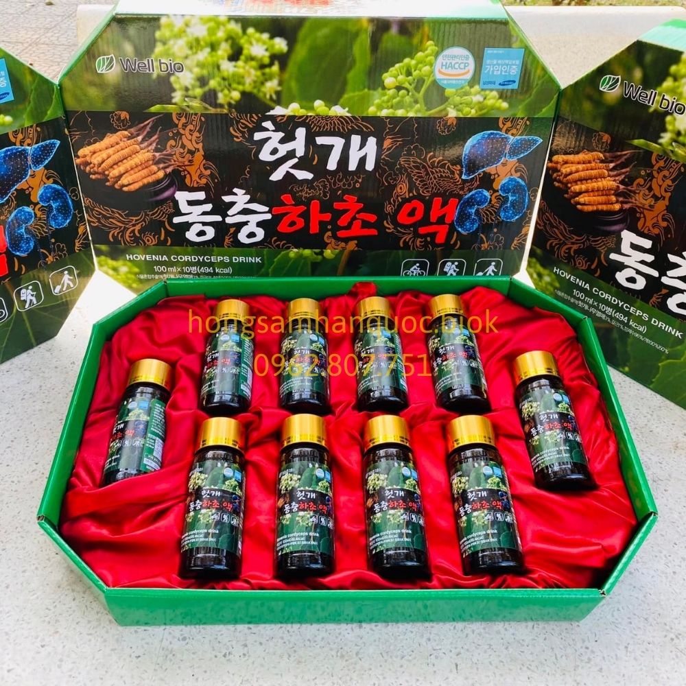 Nước uống bổ gan đông trùng hạ thảo Hàn Quốc, Nước giải rượu mát gan Well bio Hovenia Cordyceps Drink hộp 10 lọ 100ml