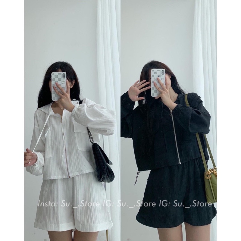 [ 𝐅𝐑𝐄𝐄 𝐒𝐇𝐈𝐏 ] SÉT 3 MÓN GỒM ÁO KHÓA DÂY KÉO TÚI NẮP BO EO QUẦN SHORTLƯNG THUN