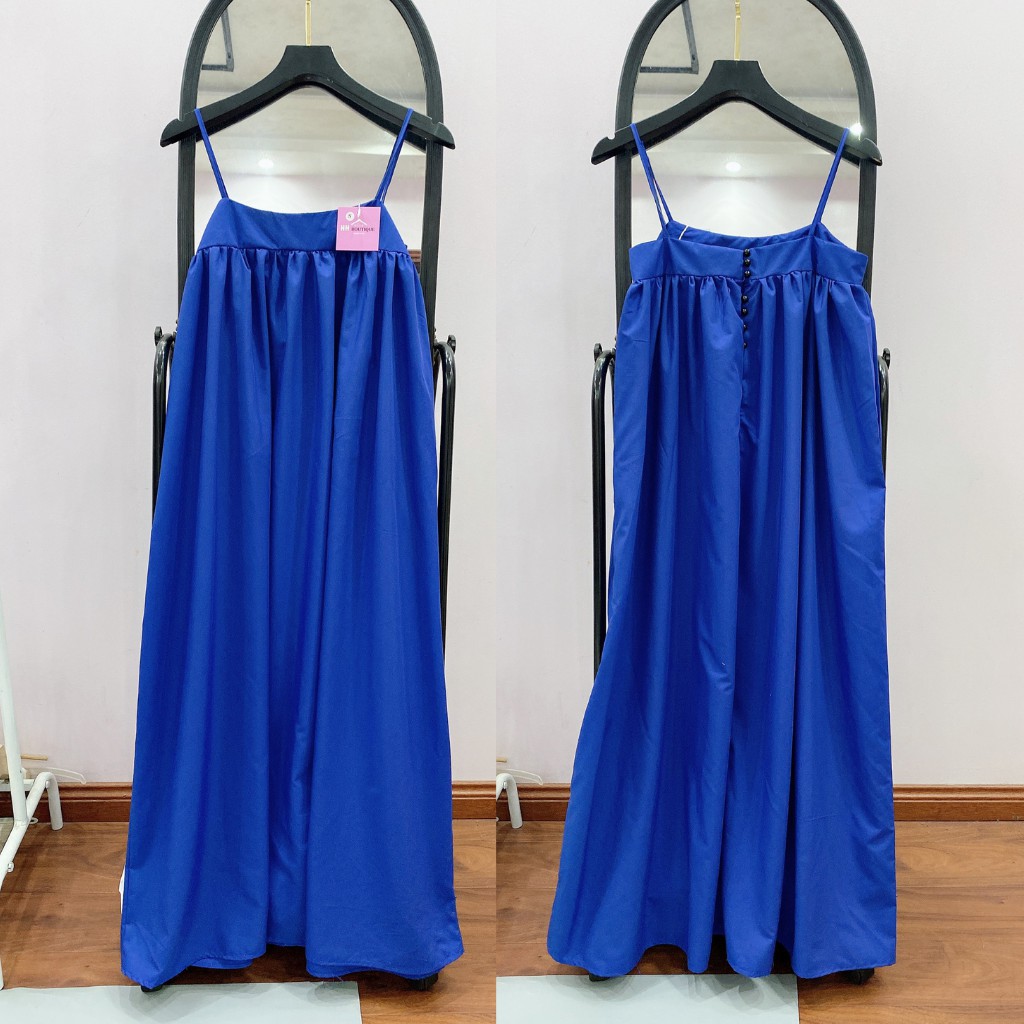 Váy maxi 2 dây thiết kế, váy đi biển 2 dây sang chảnh, màu xanh than tôn da - H&N Store