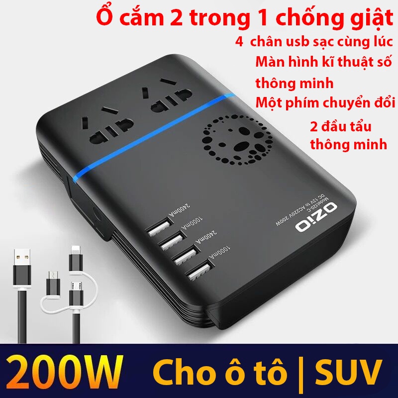 Bộ Biến Tần Ô Tô 12/24V Sang 220V, Bộ Chuyển Đổi Dòng Điện Từ 12V Sang 220 V Công Suất 200W, Hỗ Trợ Sạc Nhanh QC 3.0