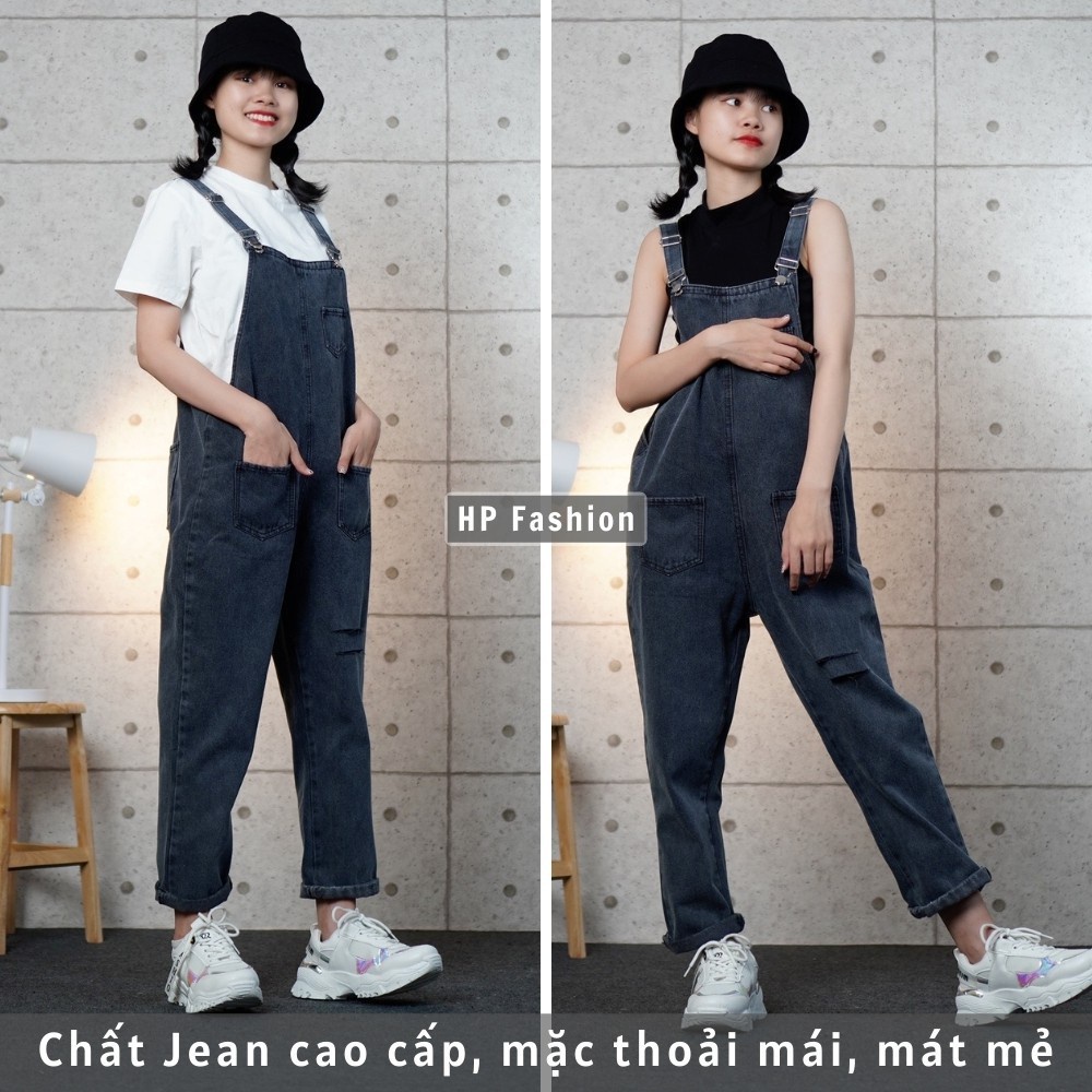 122duyvinh Quần yếm nữ ❤️ yếm jean dài rách đùi cá tính, phối túi cực xinh phong cách Ulzzang