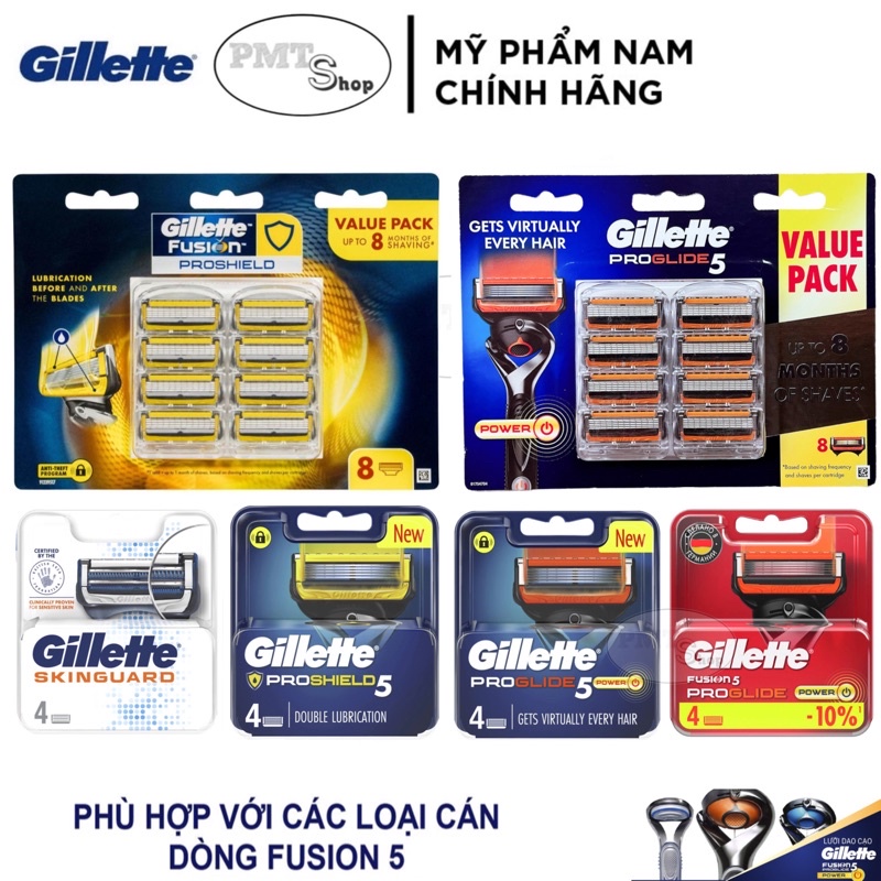 Hộp Lưỡi thay thế dao cạo râu Gillette Fusion 5 Proglide Power , Proshield , Skinguard vỉ 8 , 4 cái