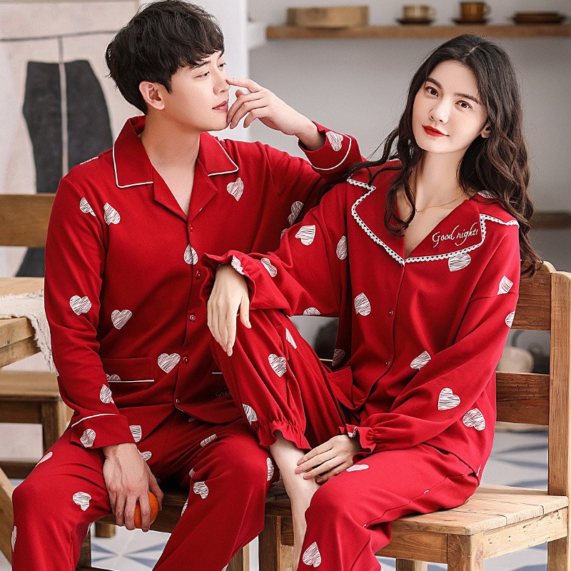 Bộ Đồ Ngủ Cotton Tay Dài Màu Đỏ Phong Cách Hàn Quốc Dành Cho Cặp Đôi