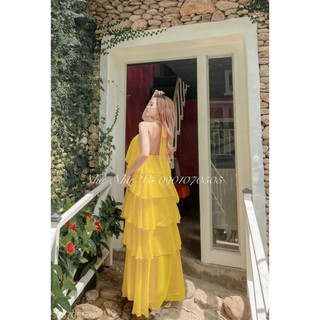 ĐẦM MAXI CỔ YẾM TẦNG KÈM HOA .