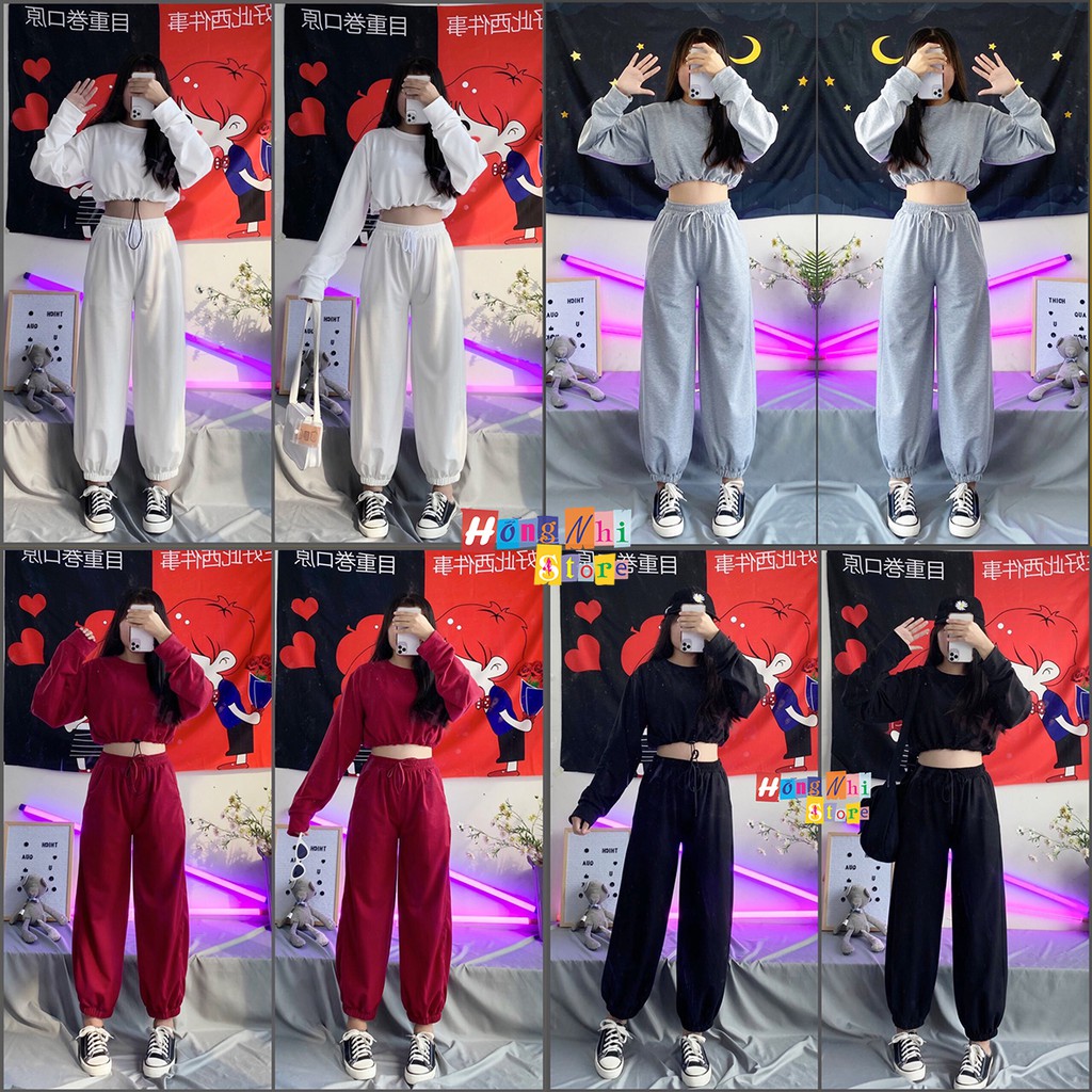 Áo Croptop Rút Dây Trơn Tay Dài Dáng Rộng Ulzzang - MM