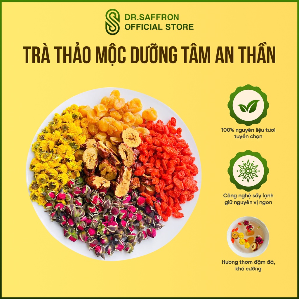 Trà thảo mộc dưỡng tâm an thần (gồm: hoa cúc, long nhãn, táo đỏ, kỷ tử, hoa hồng) - 10gr