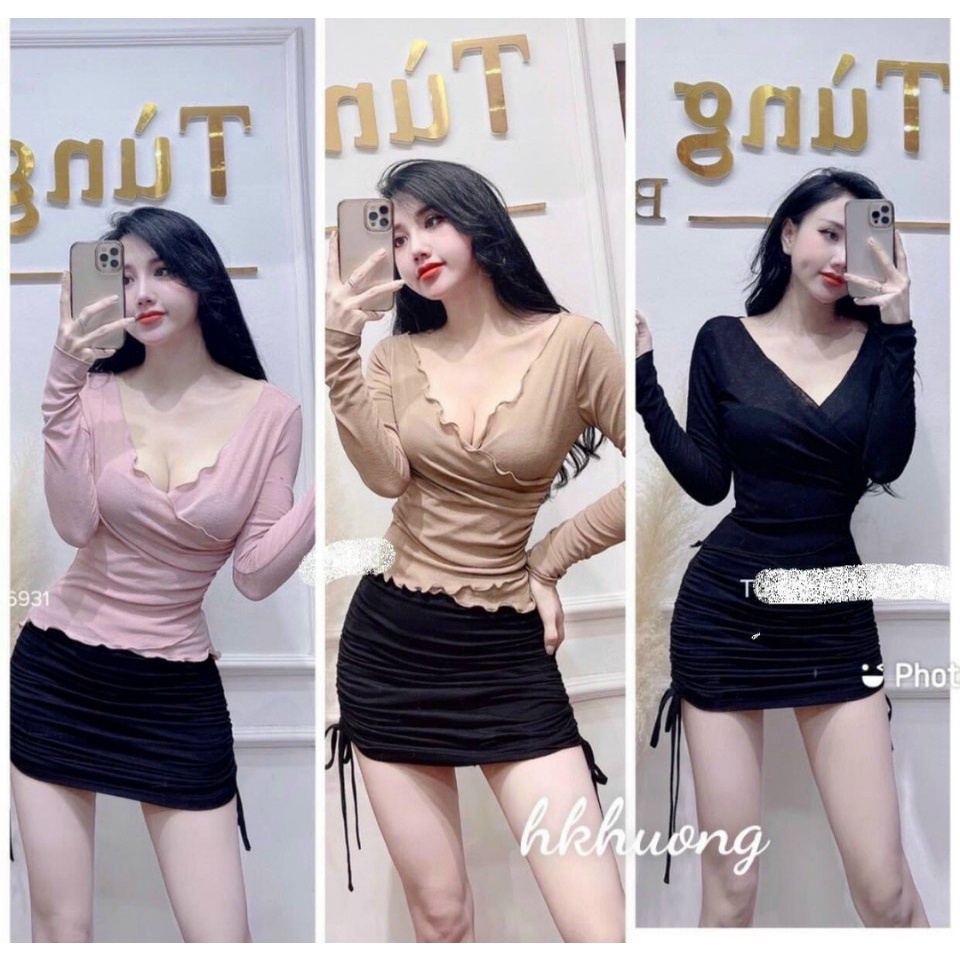 Áo đắp chéo nhún eo chạy viền chất thun Lụa mềm mịn Cam Kết Hàng Y Hình ( Size từ 40-55kg )