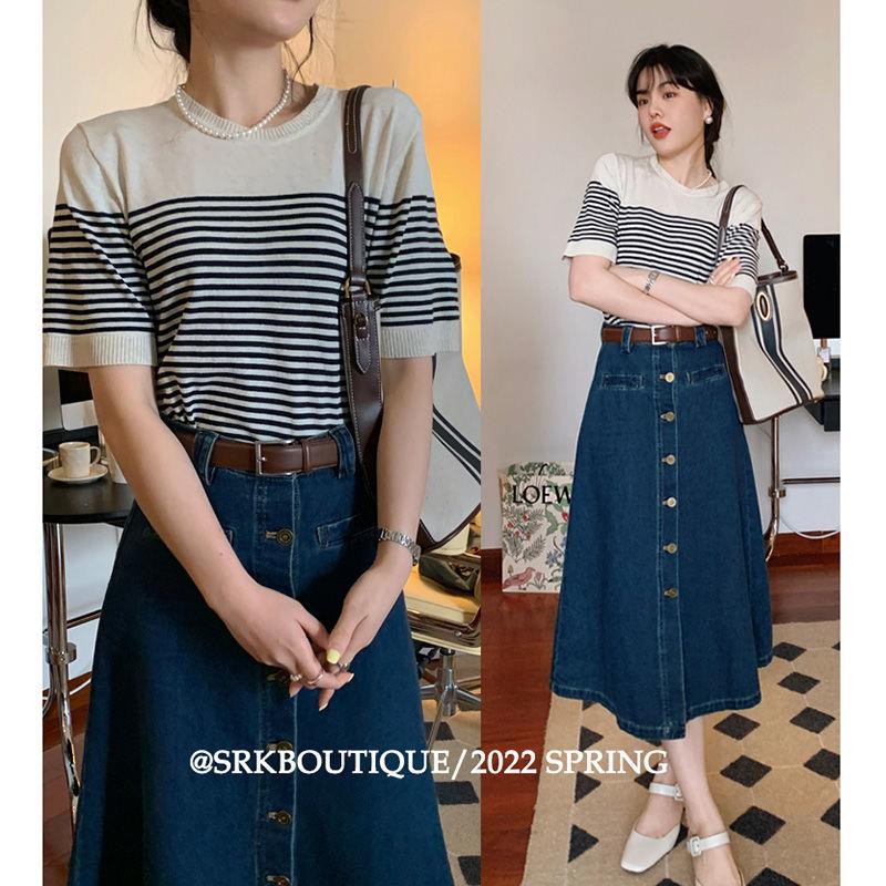 Chân Váy Denim Dáng Dài Lưng Cao Phong Cách Retro Mẫu Mới 2022 Thời Trang Mùa Xuân Cho Nữ