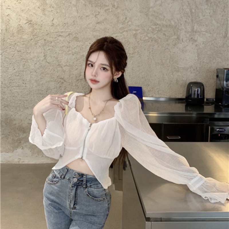 Áo chiffon IELGY tay loe có khóa kéo phong cách Pháp thời trang cho nữ