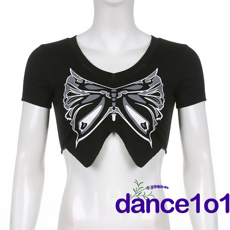☌OF✲Women Summer V-neck Short Sleeve Butterfly Pattern Print Crop Tops