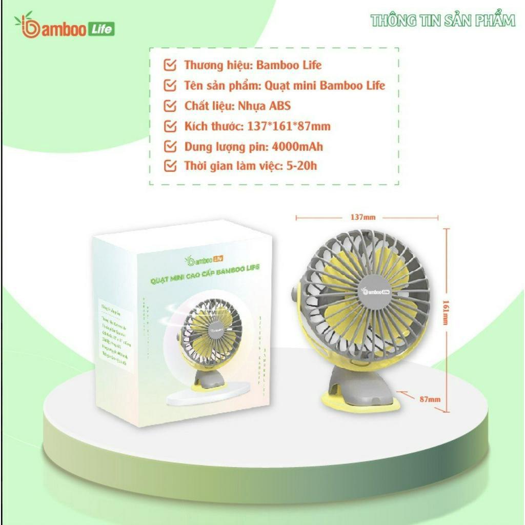 Quạt mini để bàn Bamboo Life 4000mah tích điện, cầm tay, kẹp xe đẩy cho bé sạc điện usb pin siêu bền thời gian 20h