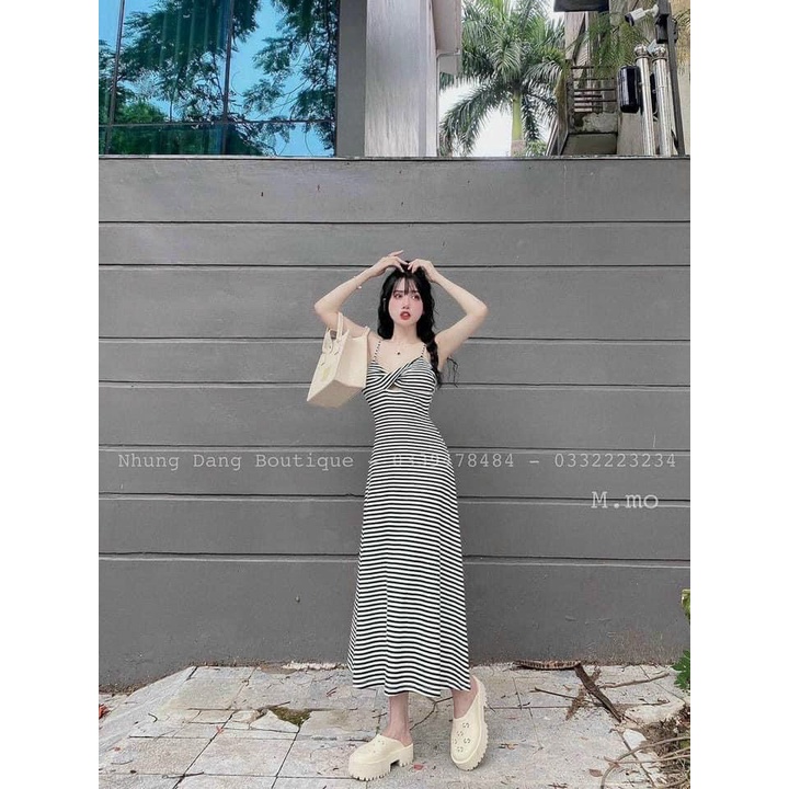 [Miễn Phí Ship 50K-GIAN HÀNG CHÍNH HÃNG] Đầm nữ thời trang mặc đi chơi, Đầm maxi thun gân 2 dây phối thắt chéo 3 màu