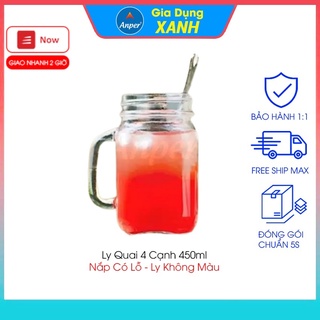 Ly cốc thủy tinh ANPER 450ml  dễ thương có quai có nắp  dùng quán nước uống cà phê sinh tố